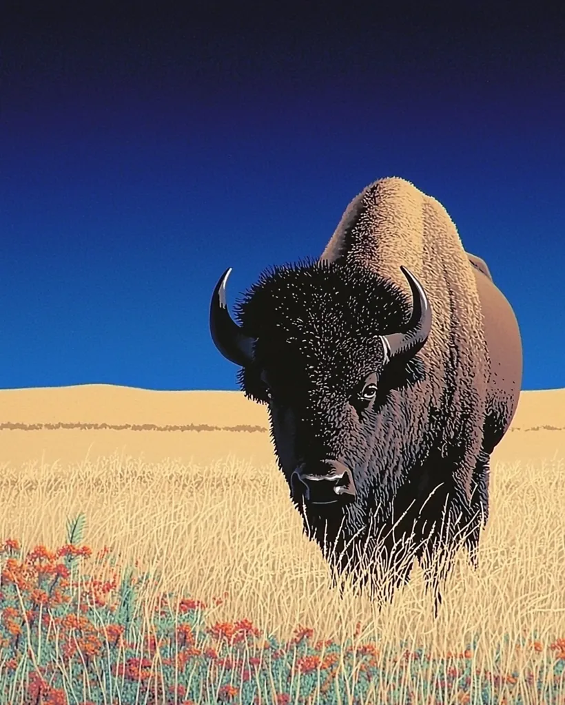 A large American bison stands in a field of tall, dry grass under a deep blue sky.  The bison's dark, shaggy fur contrasts with the lighter tan of the grass and the distant, sandy hills.  Small, colorful wildflowers dot the foreground, adding a splash of color to the otherwise muted landscape. The bison's gaze is directed toward the viewer, creating a sense of presence and majesty.