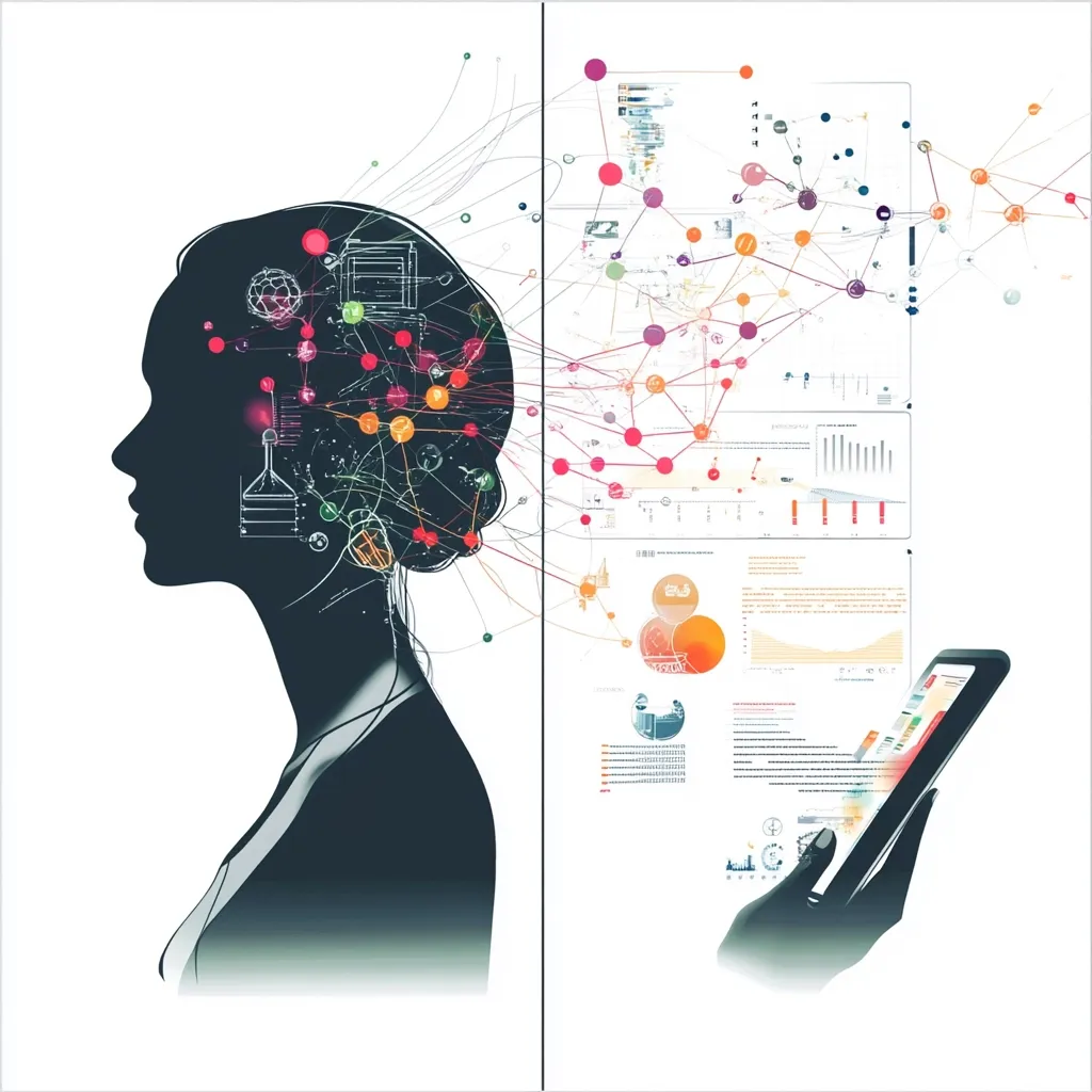 The image depicts a silhouette of a woman's head and shoulders, her mind visualized as a network of colorful nodes and lines connected to data visualizations and charts.  These data streams emanate from her mind and connect to a hand holding a tablet displaying additional information.  The overall impression is one of interconnectedness, data processing, and the human-technology relationship in the context of big data and information analysis.