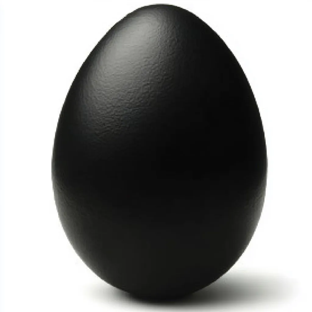 A single, perfectly smooth, black egg is shown against a bright white background.  The egg is oval-shaped and casts a subtle shadow below.  Its deep black color is uniform, with no markings or imperfections visible. The image is simple yet striking, focusing on the egg's stark contrast against the backdrop.