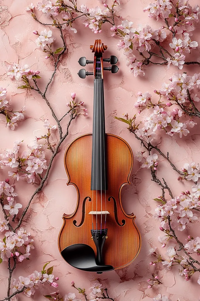 A violin rests on a pink textured background, adorned with delicate branches of blossoming cherry blossoms.  The soft pink of the flowers contrasts beautifully with the rich brown of the violin's polished wood. The image evokes a sense of springtime serenity and musical elegance, capturing a moment of peaceful beauty.  The overall composition is artistic and visually appealing.