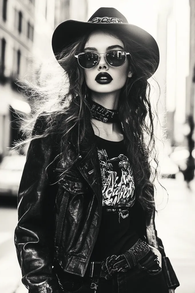 A monochrome image of a young woman exudes a rock-chic vibe. She sports a black leather jacket, a graphic band tee, dark jeans, and studded belt.  Her long, wavy hair flows freely from beneath a wide-brimmed hat, and she wears aviator-style sunglasses. The urban backdrop adds to the edgy aesthetic.  The overall impression is one of cool confidence and rebellious style.