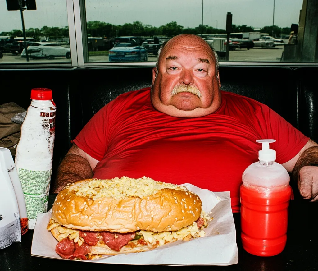 A large man in a red shirt sits in a vehicle, contentedly looking at a massive, overloaded sandwich in front of him.  The sandwich is covered in cheese and what appears to be seasoned breadcrumbs.  A bottle of creamy liquid and a pump bottle of red liquid are also on the table. The setting appears to be a rest stop or roadside area.