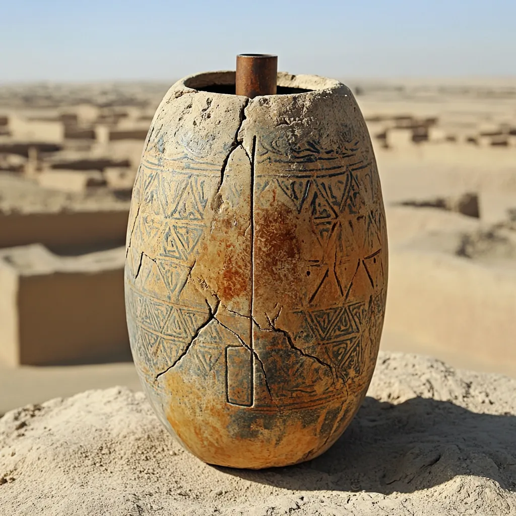 An ancient, cracked clay vessel rests on a sandy mound.  The vessel is ovular with a small opening at the top and features faded geometric patterns etched into its surface.  The background is blurred but shows a desolate, arid landscape with low, sun-baked structures, suggesting an archaeological site. The vessel's age and condition are evident in its weathered appearance and visible cracks.
