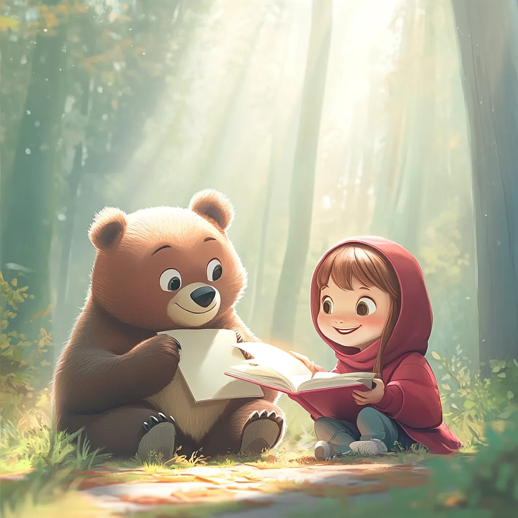 A charming illustration depicts a friendly brown bear and a little girl in a red hood sharing a book in a sun-dappled forest.  The bear holds a page open, while the girl looks at the book with a happy expression.  The scene is peaceful and evokes a sense of childhood wonder and companionship within a magical woodland setting.  Soft light filters through the trees, creating a warm and inviting atmosphere.