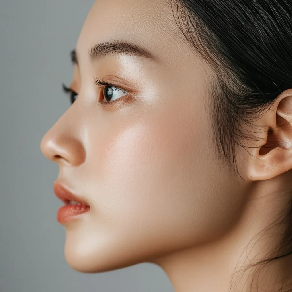 Close-up profile view of a young woman's face.  Her skin is smooth and luminous, with a subtle glow.  Her dark hair is pulled back, revealing her ear and jawline.  Her lips are softly parted, and her eyes are partially visible, showcasing long lashes. The overall impression is one of beauty and serenity.