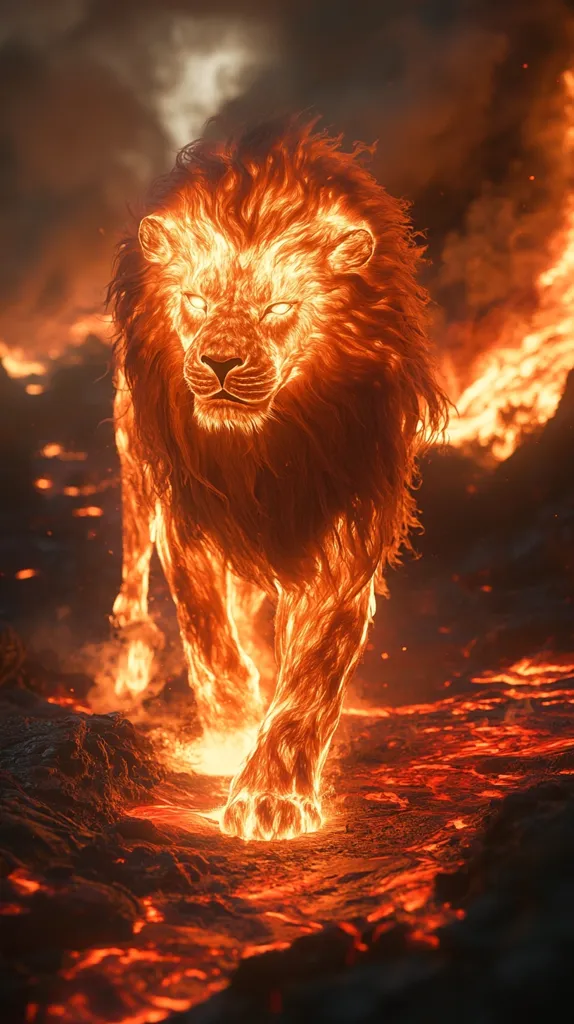 A majestic lion, rendered in vibrant flames, strides across a fiery landscape.  Its mane and body are engulfed in intense orange and yellow fire, casting an ethereal glow.  The lion's eyes burn with an inner light, adding to its mythical aura.  The background depicts a molten, volcanic terrain, enhancing the image's dramatic and powerful atmosphere.