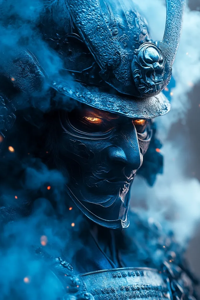 A close-up shot reveals a samurai warrior, his face partially obscured by an intricately detailed, dark blue helmet.  Glowing orange eyes pierce through the mask, hinting at intensity.  Surrounding the figure is a swirling blue mist, punctuated by sparks, enhancing the dramatic and mystical atmosphere.  The image's focus and color palette create a visually striking and powerful representation of the warrior.