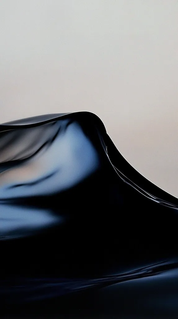 The image shows a dark, abstract wave against a light beige background.  The wave's form is smooth and undulating, with subtle highlights suggesting a reflective surface.  The contrast between the dark, almost black, wave and the pale background creates a dramatic and minimalist aesthetic. The overall impression is one of fluidity and graceful movement.