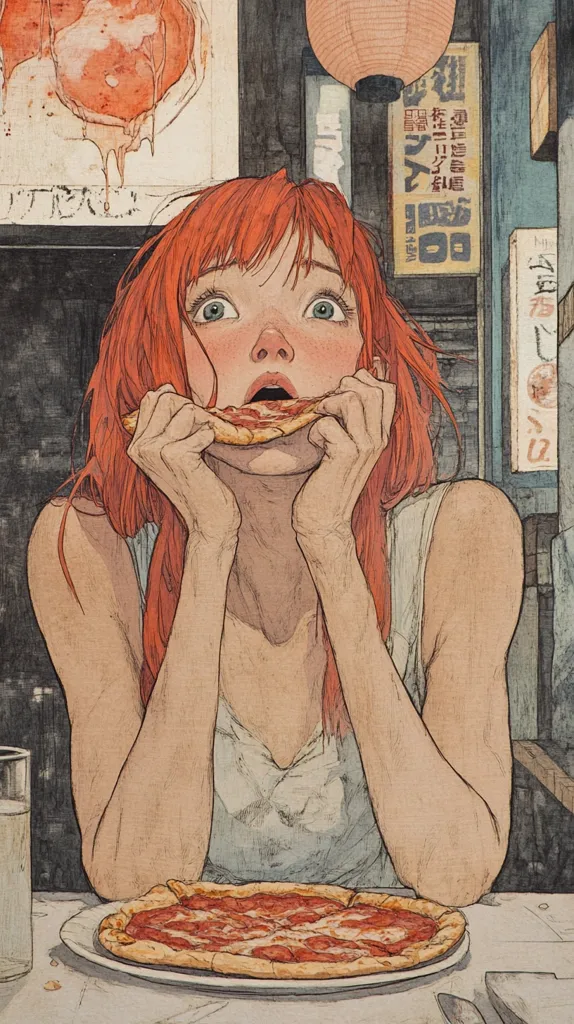 A young woman with vibrant red hair sits in a dimly lit restaurant, her expression a mix of surprise and delight as she takes a large bite of a pizza slice.  The scene is detailed, with visible texture in the woman's hair and clothing, and a background suggesting a bustling Asian street.  The pizza is the focal point, its cheesy goodness emphasized by the woman's engrossed expression.  The overall style is reminiscent of a graphic novel or illustration.