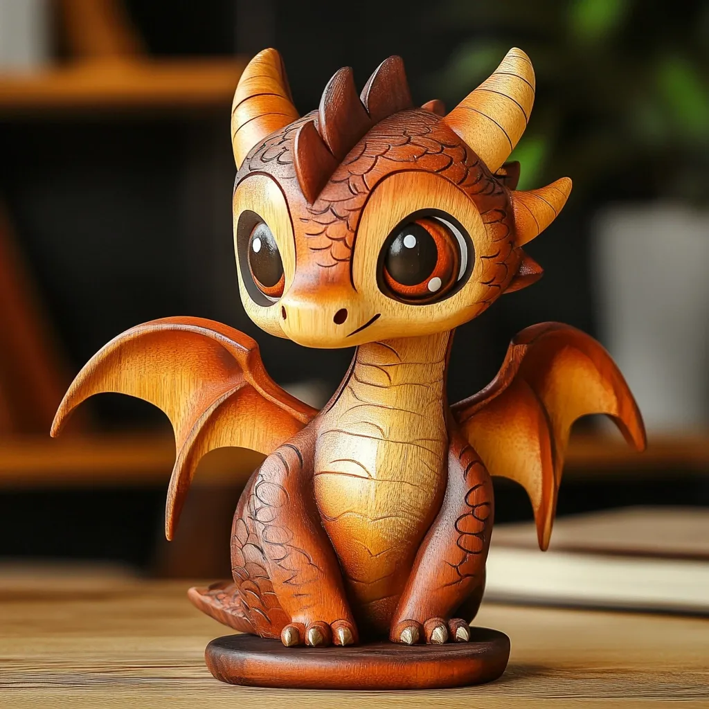 A charming, intricately carved wooden dragon figurine sits on a dark brown base.  Its large, expressive eyes and warm, reddish-brown coloring create a friendly and whimsical appearance.  The dragon's wings are outstretched, and its detailed scales and horns are clearly visible, showcasing the artisan's skill. The figurine's style is reminiscent of a cute, stylized fantasy creature.
