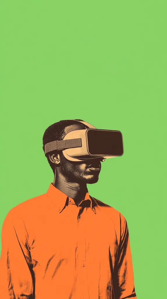 A stylized portrait of a Black man wearing a vibrant orange shirt and a virtual reality headset. The image is set against a bright green background, creating a bold contrast. The man's expression is neutral, suggesting immersion in a virtual world. The artistic style is reminiscent of pop art, with strong graphic elements and simplified forms.