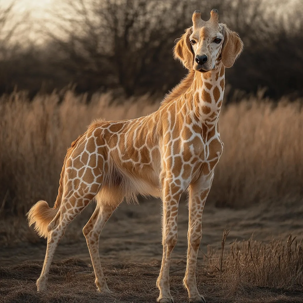 A digitally created image depicts a giraffe with the head and fur of a golden retriever.  The hybrid creature stands in a dry, grassy field at sunset. Its giraffe body showcases the characteristic pattern, while its canine features, including floppy ears and a dog-like snout, are strikingly apparent. The background is blurred, focusing attention on the unique animal.