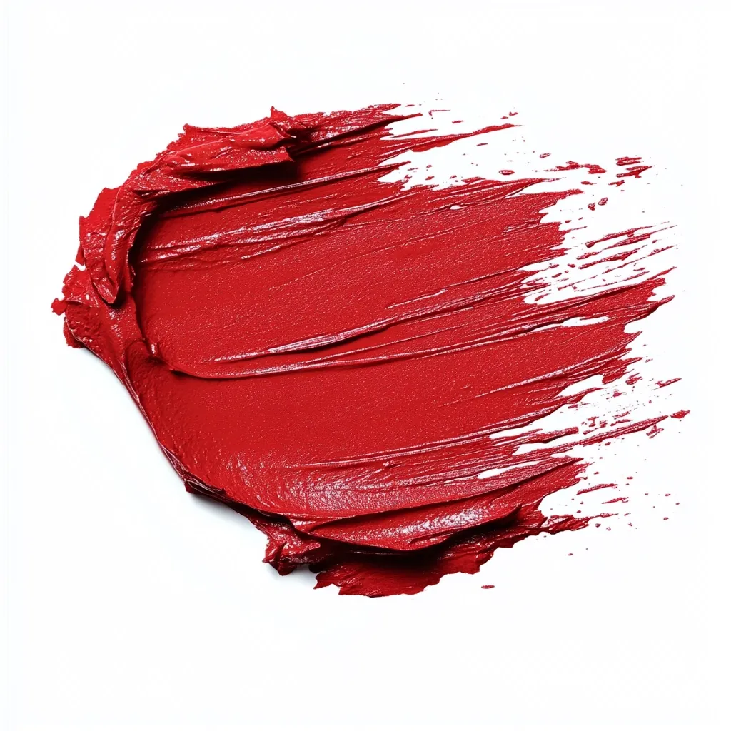 A vibrant crimson smear of lipstick or paint is displayed against a stark white backdrop. The texture is thick and rich, with visible brushstrokes creating a dynamic, irregular shape.  The color is intense and saturated, suggesting a bold and striking visual impact.  The edges are somewhat ragged and uneven, adding to the overall impression of spontaneity.