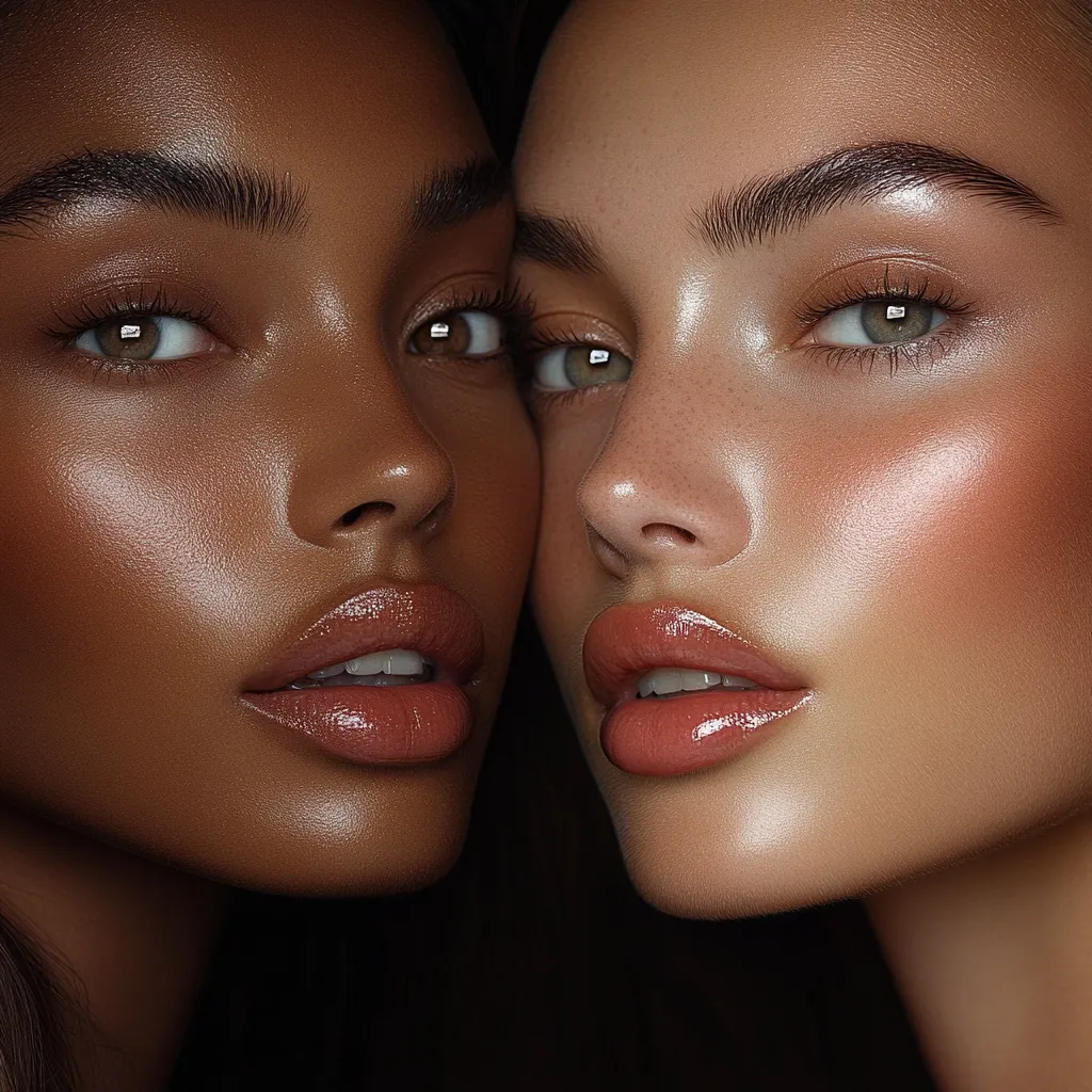 Close-up shot of two women with different skin tones, their faces pressed together.  Both have dewy, glowing skin, subtly defined brows, and glossy lips in a similar shade of nude.  The image emphasizes their radiant complexions and natural beauty. The background is dark, focusing attention on the women's faces.