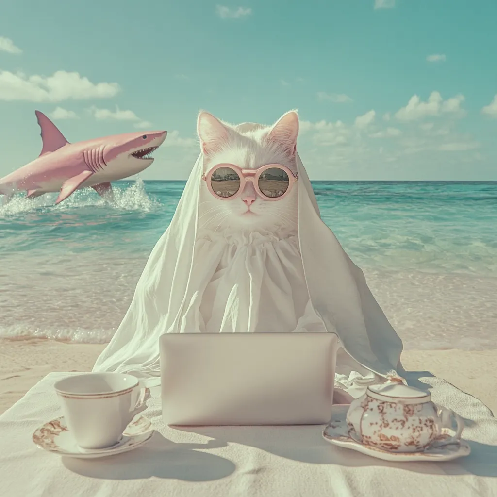 A white cat, wearing sunglasses and a white robe, sits on a beach with a laptop, teacup, and teapot.  A pink shark is visible in the ocean behind it. The scene is stylized with a vintage, pastel aesthetic. The cat appears calm and composed while working remotely in a serene, yet slightly surreal beach setting.