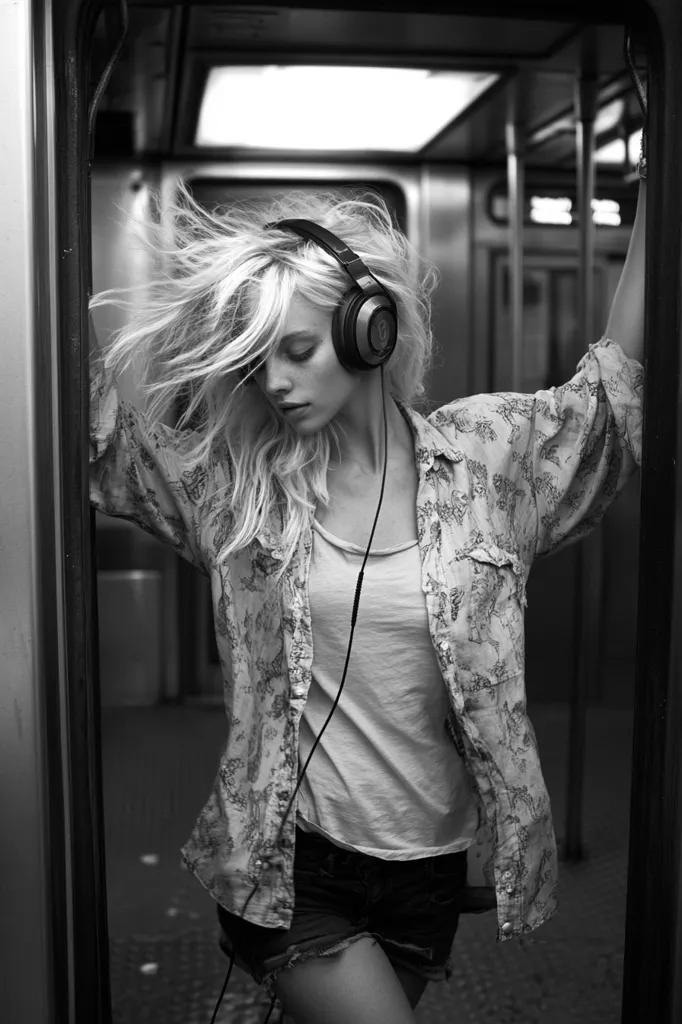 A young woman with long, windblown blonde hair stands in a subway car, wearing over-ear headphones and a floral print shirt.  Her expression is serene as she listens to music.  The black and white image emphasizes the contrast between her light hair and dark clothing, creating a moody and atmospheric feel.  The setting is a public transit vehicle, implying a journey or commute.