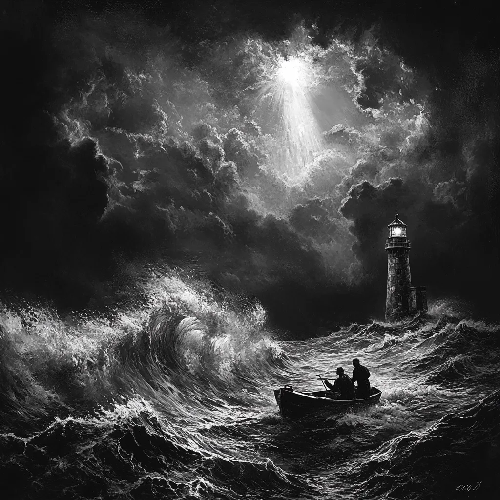 A monochrome painting depicts a dramatic seascape. Two figures in a small rowboat navigate tumultuous waves under a stormy sky. A lighthouse stands tall in the distance, its light a beacon amidst the tempest.  The contrast between the dark, churning sea and the bright light creates a powerful image of hope and resilience in the face of adversity.