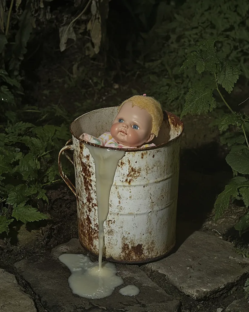 A vintage porcelain doll, dressed in a pale pink outfit, sits submerged in a rusty, white metal pail.  A creamy white liquid spills from the pail onto the ground, creating a pool around its base. The scene is set outdoors in a dimly lit, overgrown garden, evoking a sense of mystery and decay. The overall image is eerie and slightly unsettling.