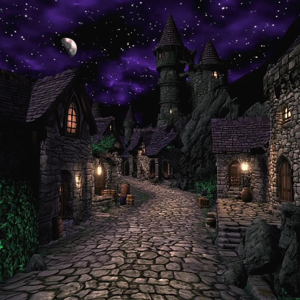 A quaint medieval village nestled against a dark, starlit sky. Stone houses line a cobblestone street, their warm lamplight contrasting with the cool night. A looming castle stands on a rocky precipice, overlooking the peaceful scene. The moon hangs high, casting a gentle glow on the picturesque setting.  The overall atmosphere is one of serene, magical tranquility.