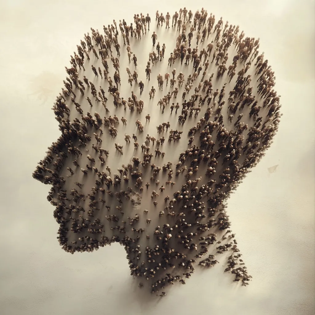A large group of people are positioned to form the profile of a human head and shoulders.  Viewed from above, the individuals appear small and uniform, creating a striking visual representation of collective identity or the human mind as a multitude of individuals. The overall tone is muted and contemplative.