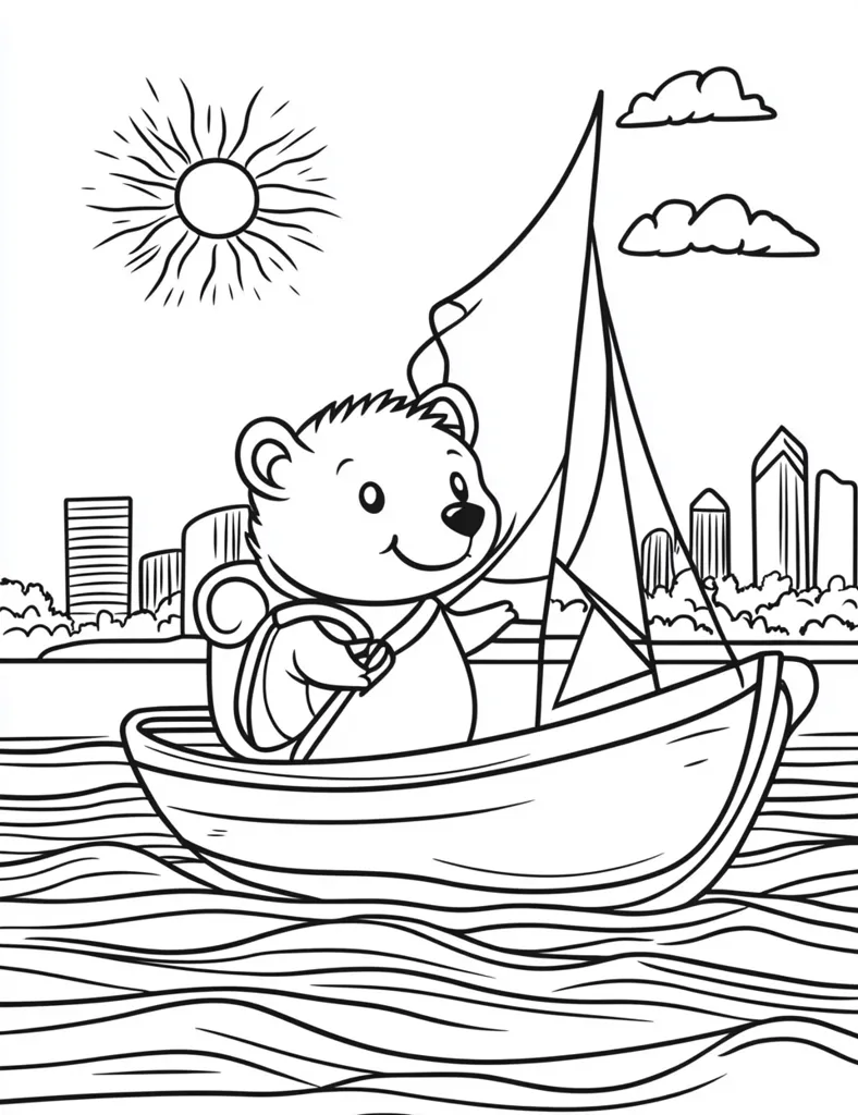 A cheerful bear with a backpack sits in a small sailboat, navigating gentle waves.  The sun shines brightly above, and a cityscape is visible in the distance.  Clouds drift lazily in the sky. The scene is a simple, charming illustration, perfect for coloring.