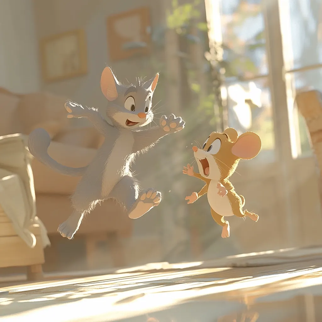 A playful light gray cat and a light brown mouse are mid-leap in a sun-drenched room.  The cat, with a joyful expression, appears to be chasing the mouse, which looks surprised yet playful.  The scene is rendered in a soft, cartoonish style, suggesting a friendly interaction within a warm, domestic setting.  Sunlight streams through a nearby window, illuminating the characters and the wooden floor.