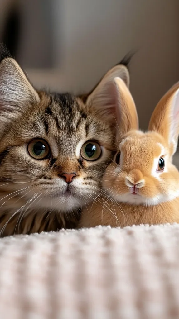 A fluffy brown tabby cat and a light brown bunny huddle together, their faces close.  Both animals gaze directly at the viewer with large, expressive eyes. They are nestled behind a soft, light beige textured surface, creating a warm and inviting scene.  The image evokes feelings of friendship and gentleness.