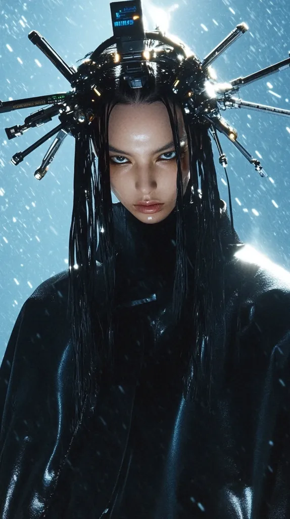 A cyberpunk-inspired portrait of a young woman.  She wears a dark, sleek coat and a complex headpiece resembling a futuristic headdress adorned with wires and small screens.  Her expression is serious, almost stoic. The backdrop is a blurred blue, suggesting rain or a technological atmosphere. The overall image is dark, moody, and stylish, conveying a sense of mystery and technological advancement.