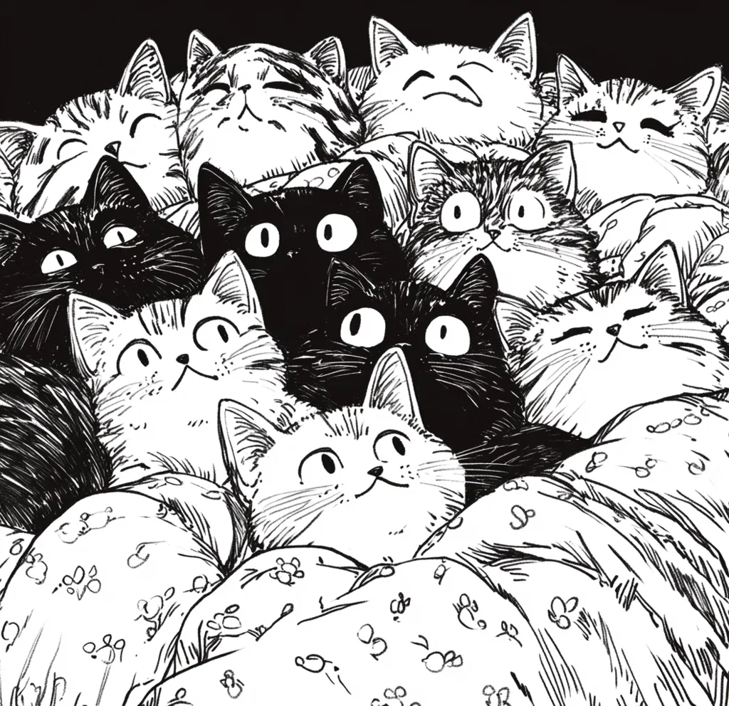 A captivating black and white illustration showcases a multitude of cats snuggled together under a patterned blanket.  Their expressions range from serene contentment to playful alertness.  The detailed linework emphasizes the individual textures of their fur, creating a charmingly chaotic yet peaceful scene. The overall effect is one of warmth and feline camaraderie.