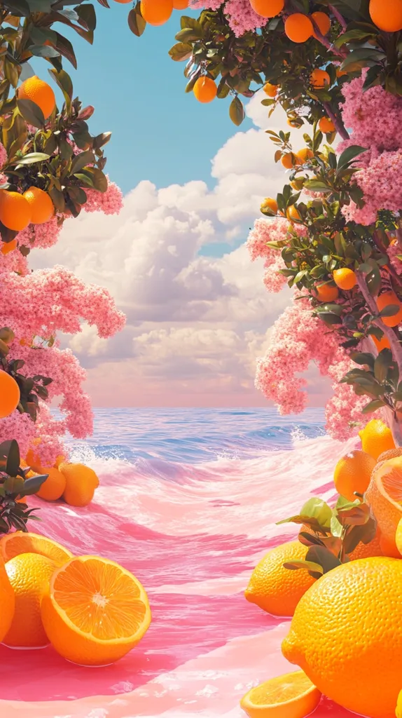A surreal image depicts a tranquil ocean scene with pink-hued waves.  Lush orange trees, adorned with vibrant blossoms, frame the view, their branches laden with ripe oranges.  Oranges and lemons float on the water's surface, creating a dreamy, idyllic, and almost otherworldly atmosphere.  The sky is a soft blue with fluffy white clouds, enhancing the peaceful ambiance.