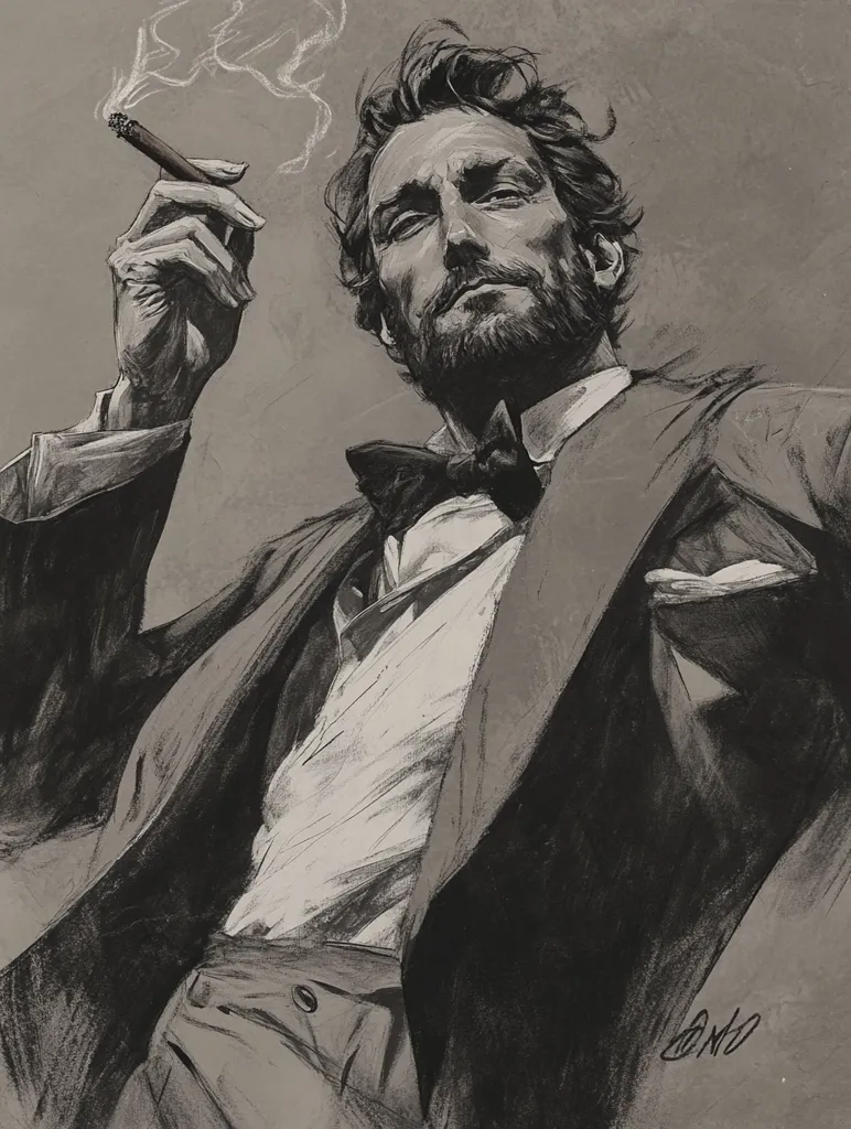 A monochromatic portrait depicts a man with a well-groomed beard and mustache, dressed in a stylish suit and bow tie.  He holds a cigar, smoke curling upwards, conveying a sense of sophistication and perhaps a hint of world-weariness. The artist's style is expressive, using charcoal or graphite to create texture and depth, focusing on strong lines and shading to capture the subject's features and attire.