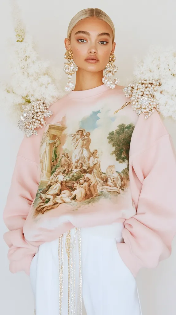 A blonde model wears a pale pink sweatshirt adorned with a Renaissance-style painting.  Large pearl and gold statement earrings dangle from her ears, and pearl embellishments accent the shoulders of the sweatshirt.  She pairs the sweatshirt with white high-waisted trousers and a delicate gold chain detail at the waist. The overall aesthetic is soft, feminine, and luxurious.