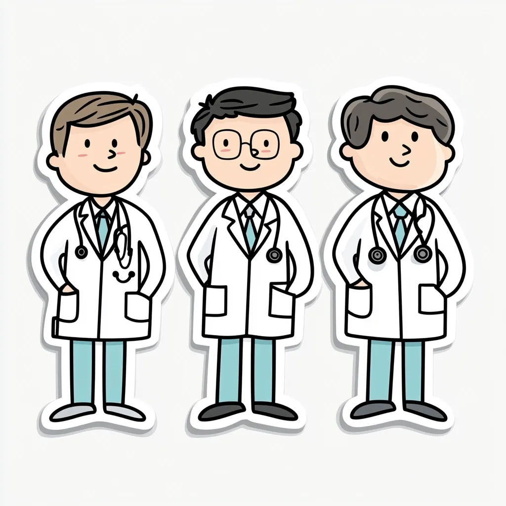 Three cartoon doctors stand side-by-side, each in a white coat with a stethoscope.  They have different hairstyles and one wears glasses. Their expressions are friendly and welcoming. The cartoon style is simple and clean, with bold outlines and pastel colors.  They appear to be a team of medical professionals.
