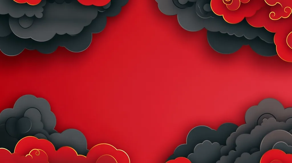 A vibrant red background is framed by layered, paper-like clouds.  The clouds are primarily dark gray, with accents of red and gold detailing, creating a stylized and textured border.  The contrast between the bold red and dark gray creates a striking visual effect, suggestive of a celebratory or festive design.  The central red space is left blank, ideal for text or imagery.