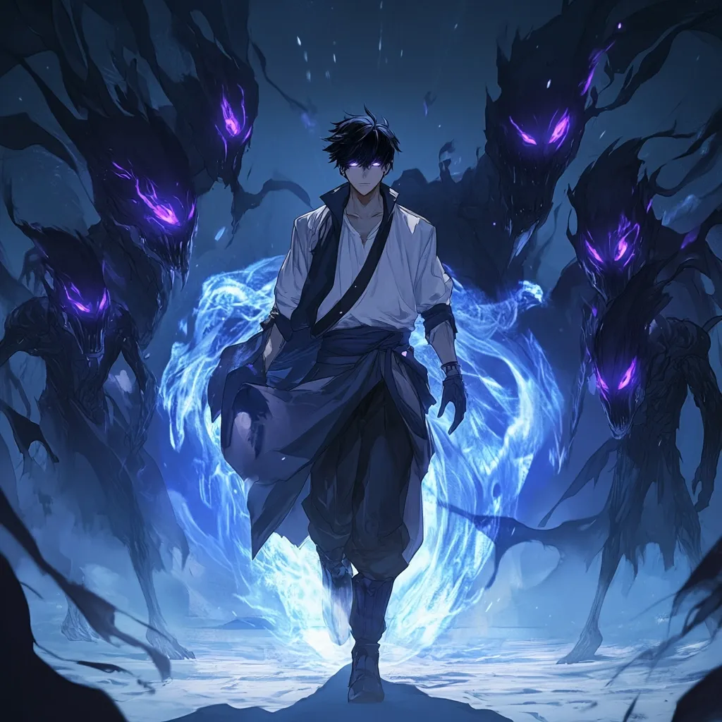 A young man with dark hair and piercing eyes strides confidently through a swirling blue vortex.  He's dressed in loose, flowing dark clothing, a hint of white at the collar.  Surrounding him are several shadowy, ominous figures with glowing purple eyes, suggesting dark magic or supernatural entities. The scene is dramatic and evokes a sense of power and mystery.