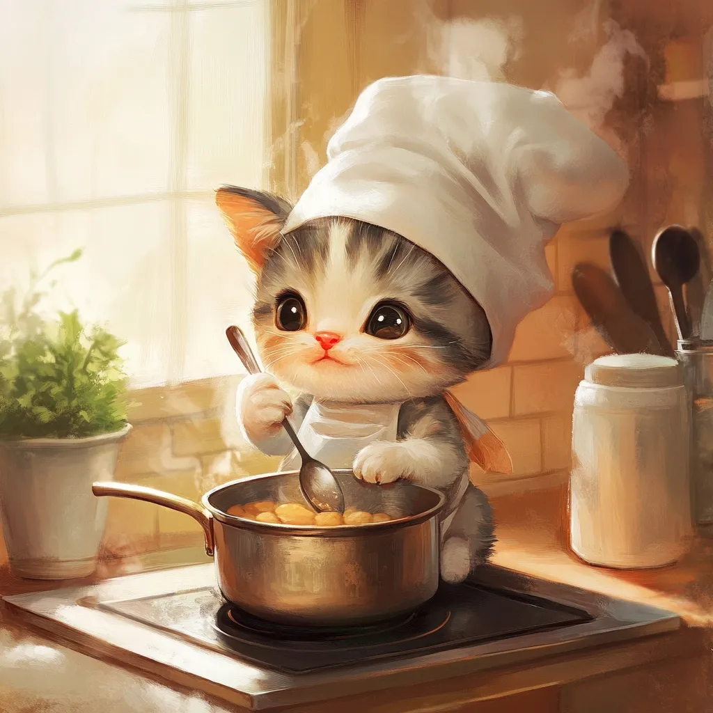 An adorable cartoon kitten, wearing a chef's hat and apron, stirs a pot of food on a stovetop.  Its large, expressive eyes and tiny paws add to its charming appearance. The kitchen setting is warm and inviting, with soft lighting and subtle steam rising from the pot. The overall style is whimsical and heartwarming.