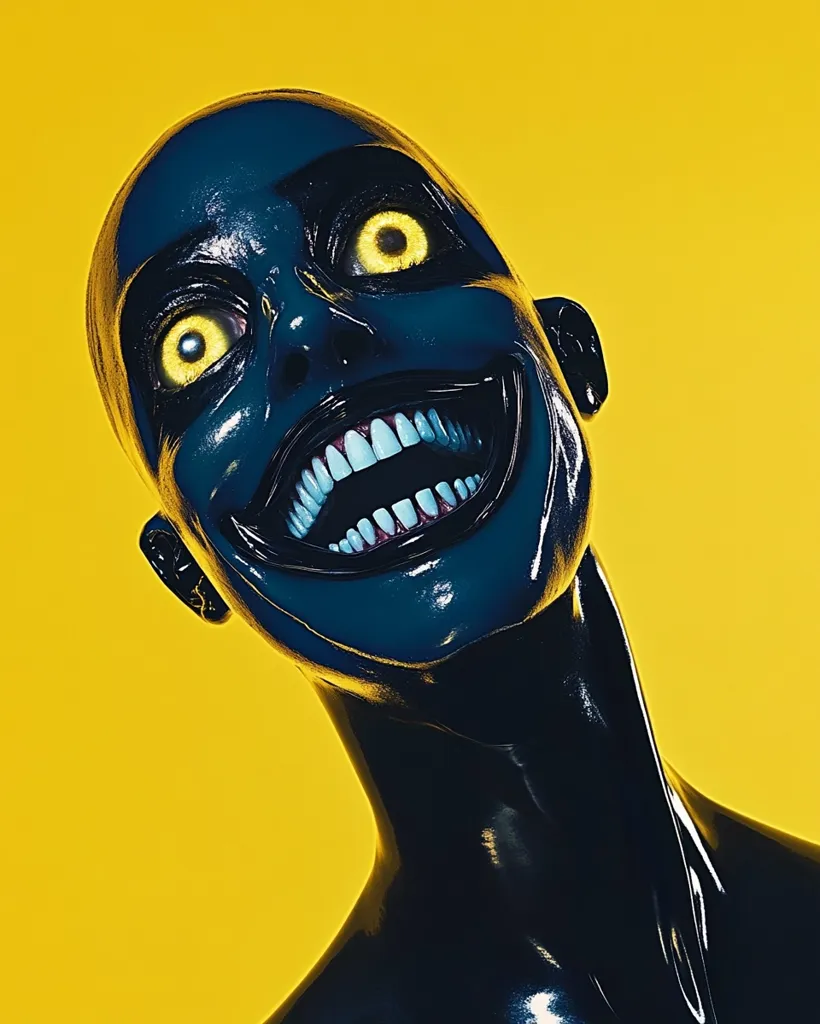 A digital rendering depicts a dark, glossy figure with an exaggerated, unsettling smile.  Bright yellow eyes contrast sharply against the deep blue skin. The figure's head is tilted back, presenting a disturbing yet strangely captivating expression against a vibrant yellow background. The image's style is surreal and unsettling, invoking a feeling of unease.