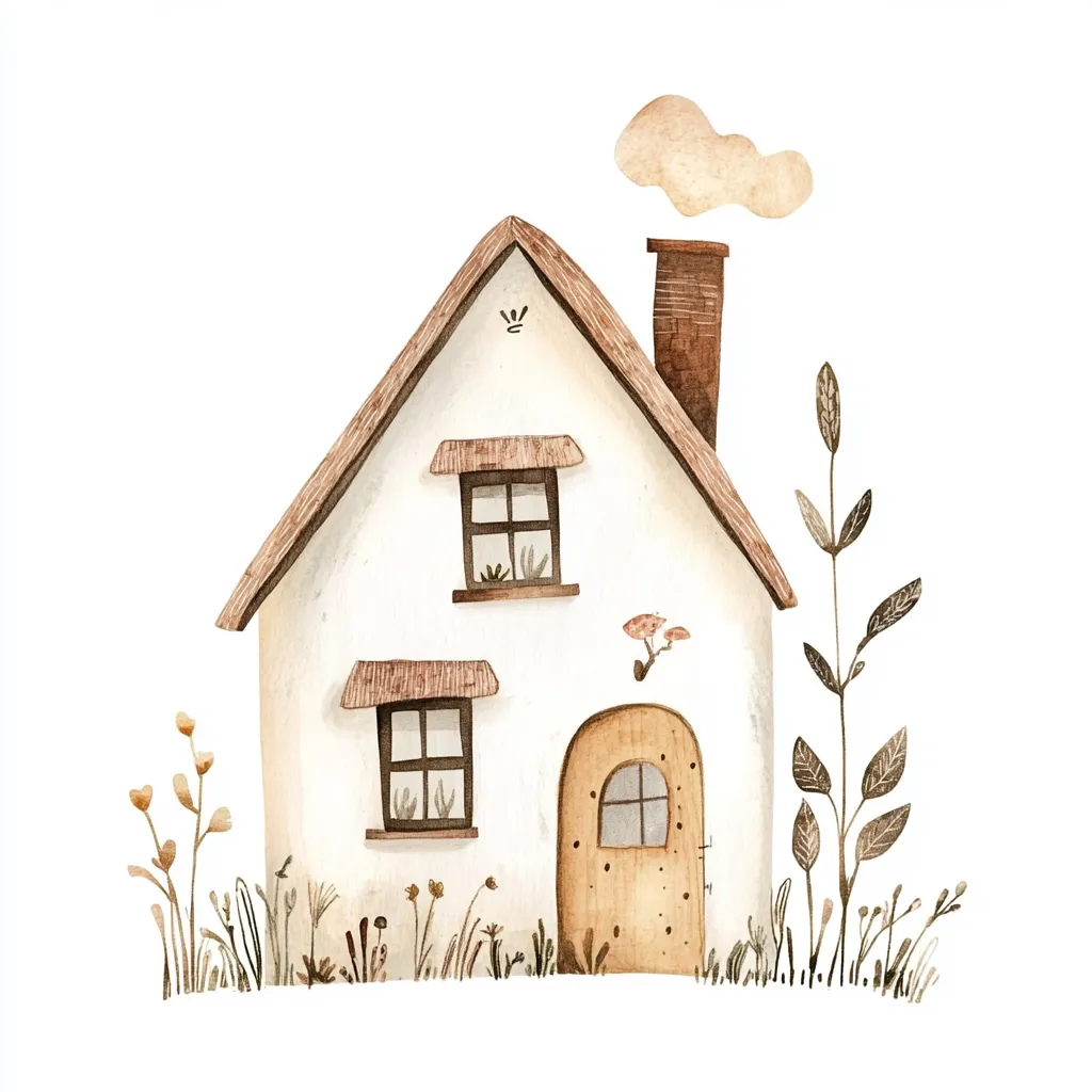 A charming watercolor illustration depicts a quaint cottage nestled amidst wildflowers.  The house, painted in soft whites and browns, features a brown roof, small windows, and a unique arched doorway.  A small chimney emits a puff of smoke, adding a touch of coziness. Delicate wildflowers and taller plants surround the house, completing the idyllic scene. The style is whimsical and inviting.