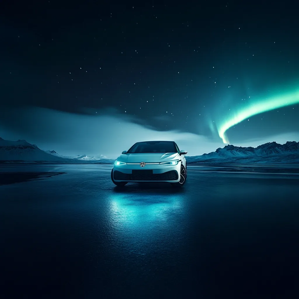 A white Volkswagen Golf sits on a frozen lake under a breathtaking aurora borealis.  The dark night sky is filled with stars and the vibrant green and blue lights of the aurora reflect subtly on the icy surface.  Mountains are visible in the distance, adding to the dramatic, serene landscape. The car's headlights cast a soft glow, emphasizing its sleek design.