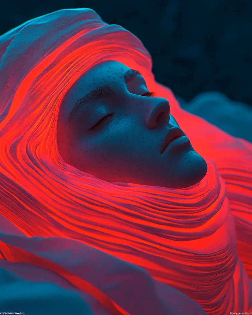 A stylized portrait of a person, seemingly asleep, enveloped in layers of fabric illuminated by vibrant red light. The fabric's texture is emphasized by the light, creating a dramatic contrast against the person's cool-toned skin.  The overall mood is surreal and dreamlike, with the colors and lighting creating a visually striking effect.  The image evokes a sense of mystery and tranquility.
