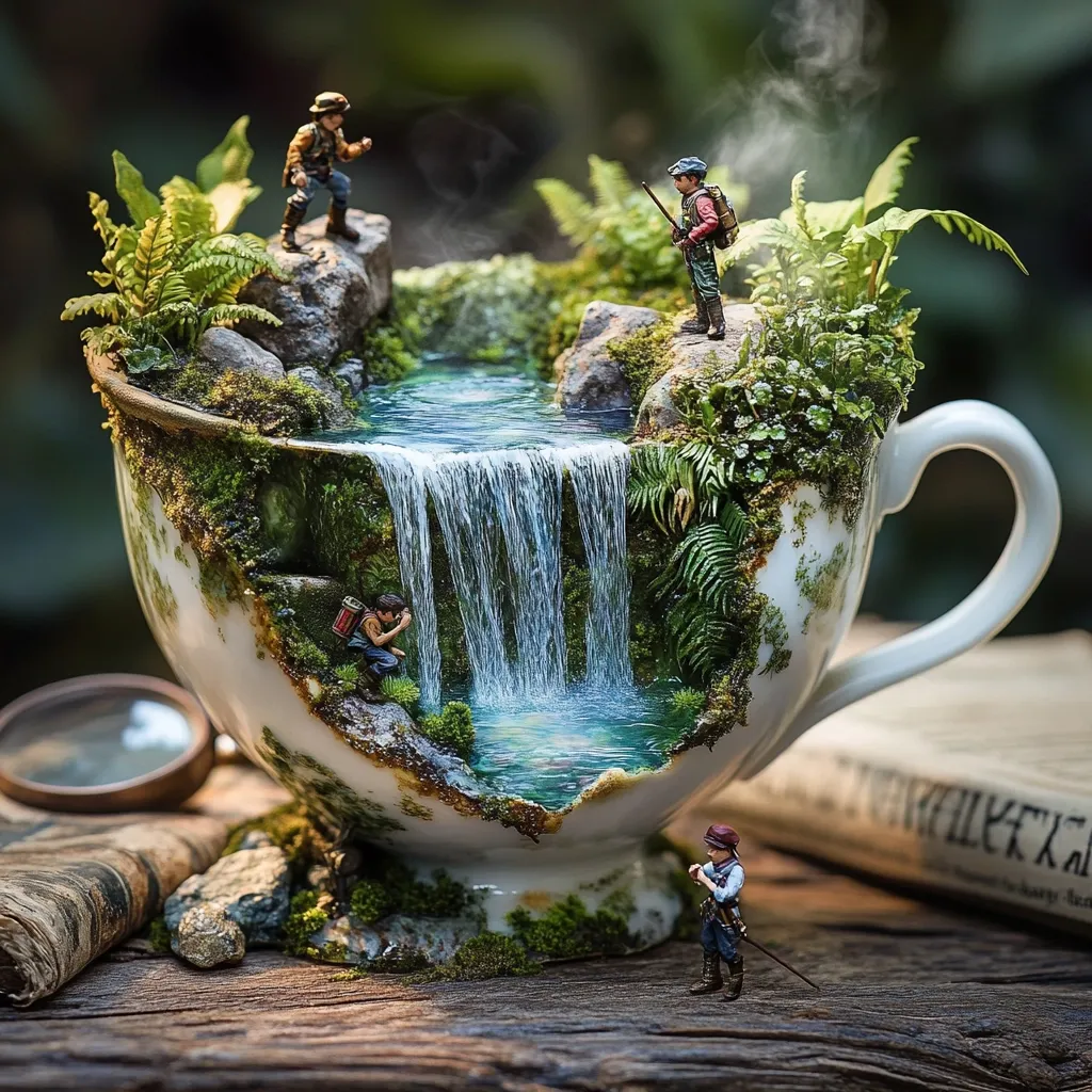 A miniature waterfall cascades within a broken teacup, meticulously crafted with tiny figurines of explorers and lush greenery.  Moss covers the cup's exterior, enhancing the illusion of a hidden, tranquil oasis.  The scene is artistically arranged on a wooden surface, accompanied by an antique magnifying glass and aged book, adding to the whimsical, enchanting atmosphere.