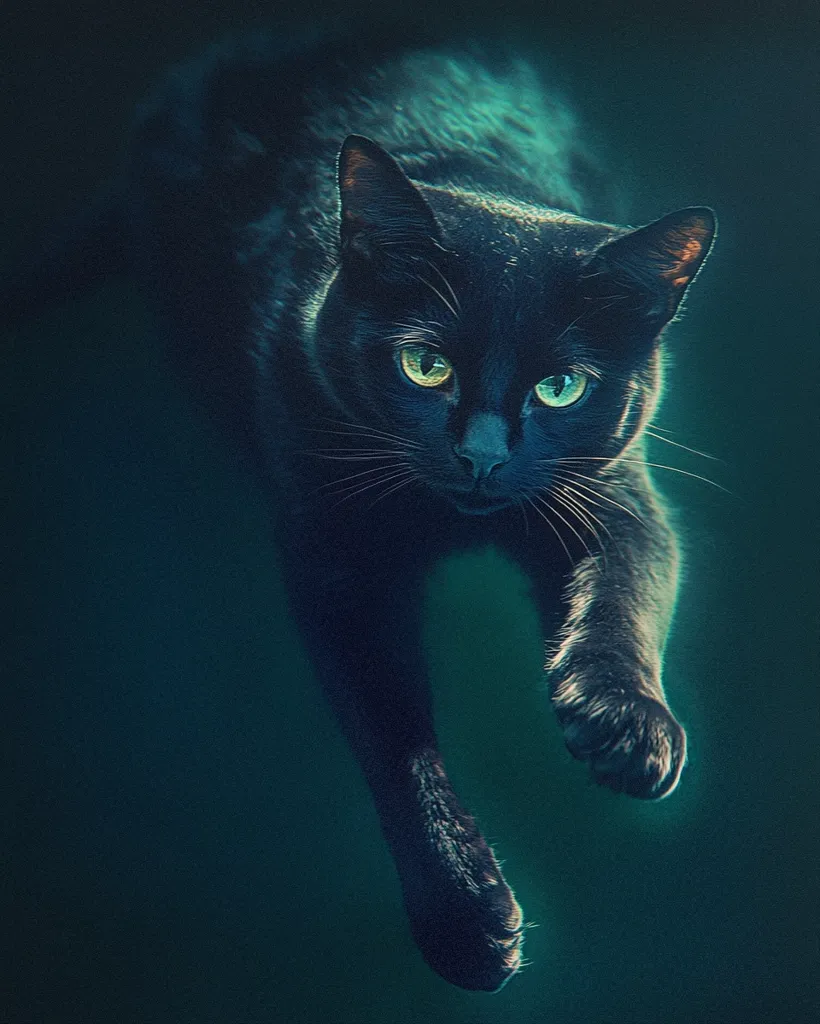 A striking image of a black cat, captured in a dramatic, low-light setting.  Its piercing green eyes are highlighted against its dark fur, creating a captivating contrast. The cat appears to be mid-stride, its paws elegantly extended, adding to the dynamic feel of the photograph.  The teal background further enhances the mysterious ambiance. The overall effect is both powerful and beautiful.