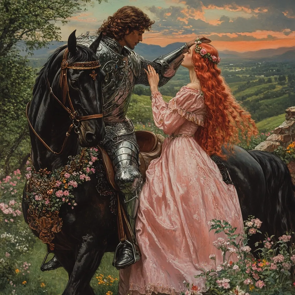 A romantic painting depicts a knight in shining armor, mounted on a black steed, gently touching the forehead of a beautiful red-haired woman in a flowing pink gown.  She stands beside him, her long hair cascading down her back, in a picturesque landscape at sunset. Flowers adorn the horse and frame the couple, creating a scene of idyllic courtly love.  The setting evokes a medieval fairytale.