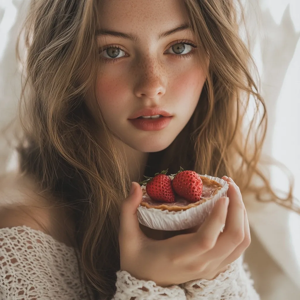 A young woman with long, wavy brown hair and freckles gazes intently at the camera.  She holds a small, delicate pastry topped with two fresh strawberries.  Her expression is serene and slightly wistful. She's wearing a crocheted off-the-shoulder sweater, enhancing a soft, ethereal quality to the image. The overall mood is gentle and romantic.