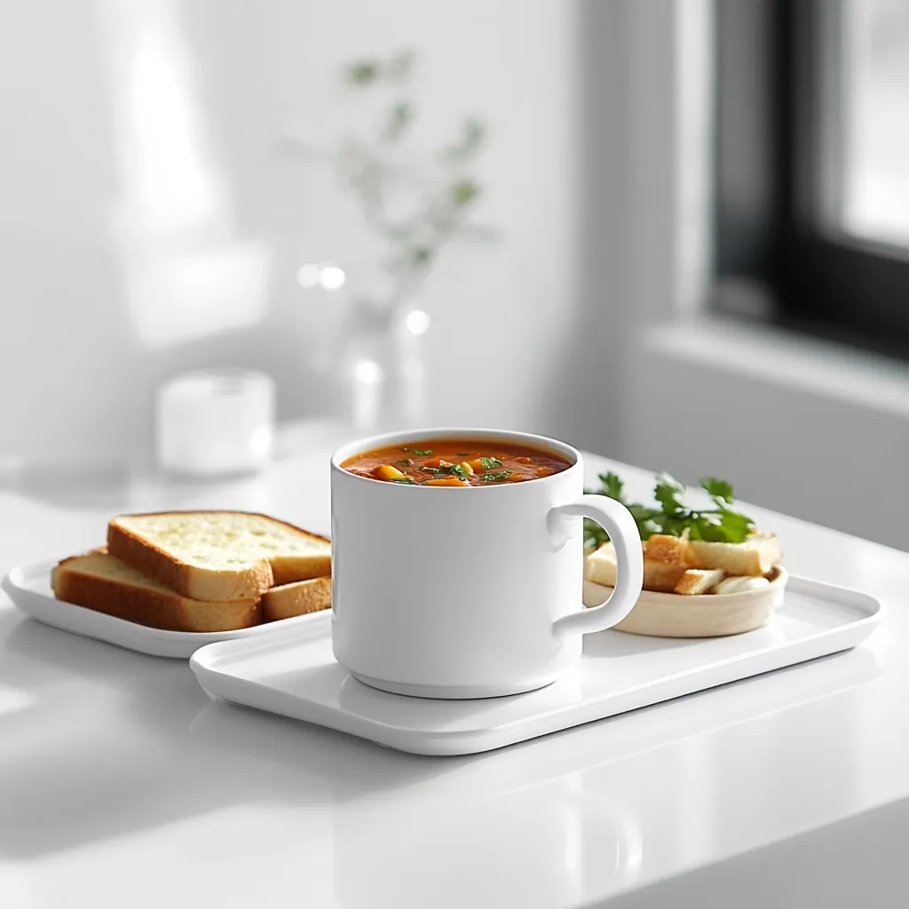 A white mug filled with tomato soup sits on a white square tray.  Beside it, on a smaller white plate, are slices of toasted bread. A small bowl of croutons and herbs complements the simple, minimalist setting on a bright white table.  The scene suggests a comforting, simple meal.