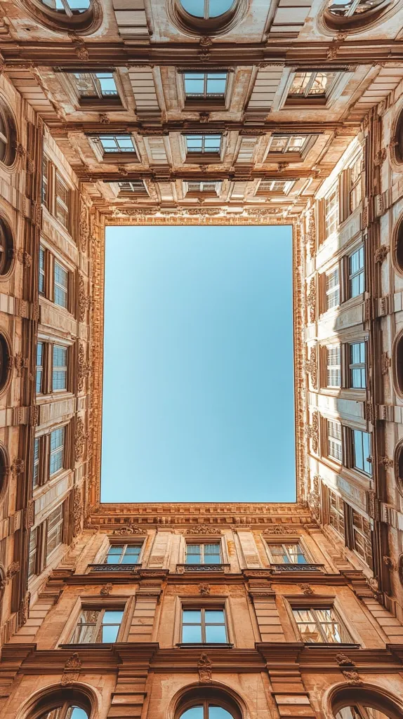 A low-angle view of a building's courtyard reveals a skylight framed by numerous windows and ornate architectural details.  The building's tan facade, with its symmetrical arrangement of windows, creates a strong vertical emphasis.  Sunlight illuminates the structure, highlighting the aged stone and intricate carvings. The clear blue sky provides a striking contrast to the warm tones of the building.