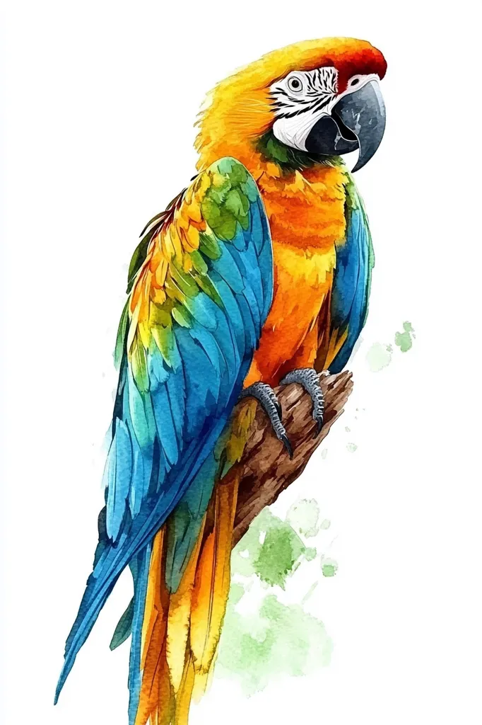 A vibrant watercolor painting showcases a Blue-and-yellow Macaw perched on a branch.  The bird's plumage is brilliantly depicted, with rich yellows, blues, and greens.  Its detailed features, from its sharp beak to its expressive eyes, are clearly visible. The background is a soft wash of greens and whites, adding to the overall artistic effect.  The painting is a beautiful representation of this striking tropical bird.