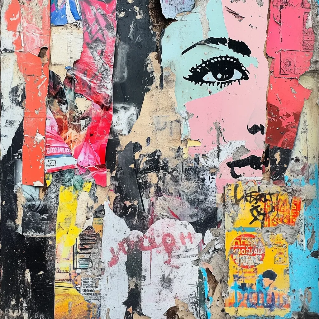 A weathered wall is covered in layers of torn posters and graffiti.  A stylized female face, partially obscured by peeling paint and paper, dominates a section.  The vibrant colors of red, pink, yellow, and blue clash with the underlying black and grey tones of the wall.  Various text fragments and graphic elements are interspersed throughout the chaotic composition, creating a textured and layered effect.  The overall impression is one of urban decay and artistic layering.