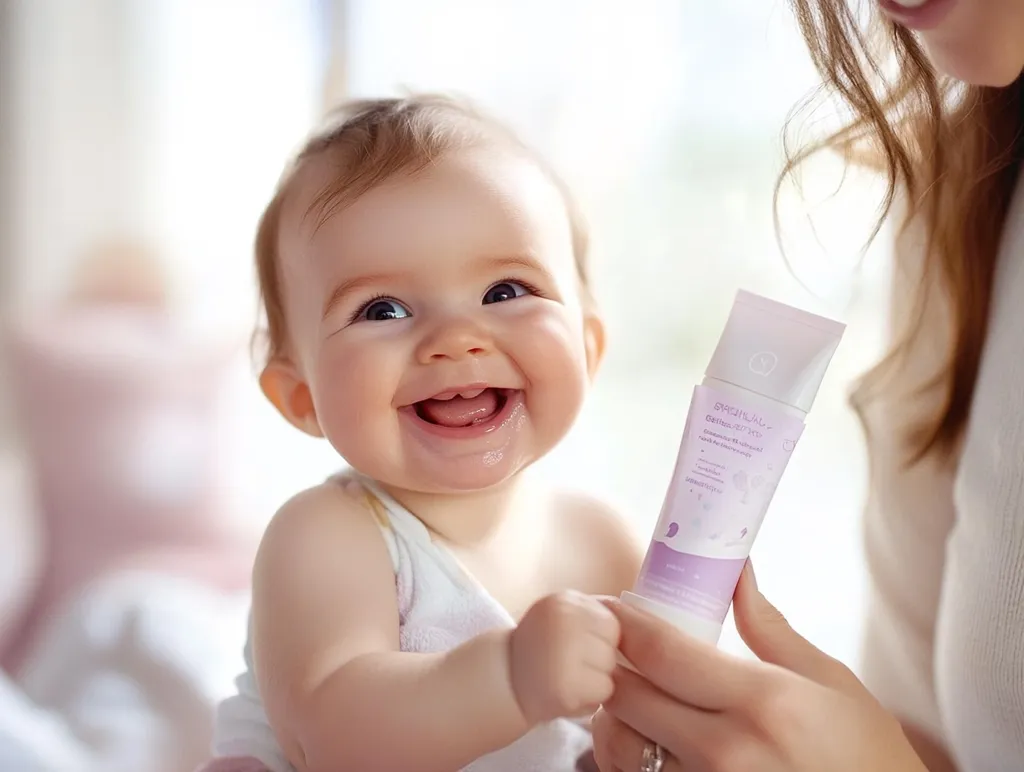 A smiling baby is held by a woman who is holding a tube of baby cream.  The baby is wearing a white onesie and looks happy and healthy. The woman's hand gently cradles the baby, emphasizing the tender care. The background is softly blurred, focusing attention on the heartwarming scene of mother and child. The cream tube suggests skincare or hygiene for the baby.