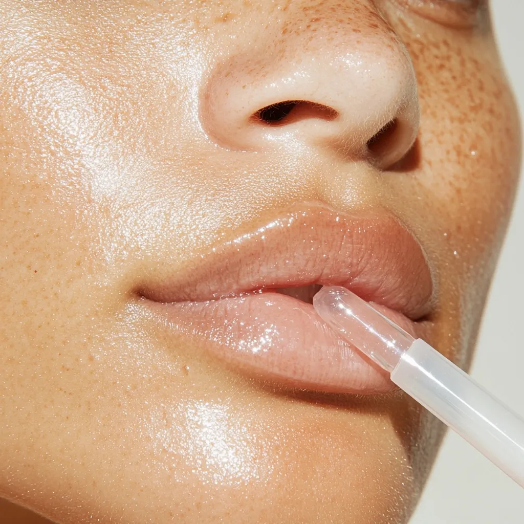 Close-up of a person's lips with a clear applicator applying a glossy lip product. The skin has a dewy, luminous appearance, and the person has freckles.  The focus is sharp on the lips and applicator, highlighting the texture and shine of the lip product. The overall image is clean and aesthetically pleasing, suggesting beauty or skincare advertising.